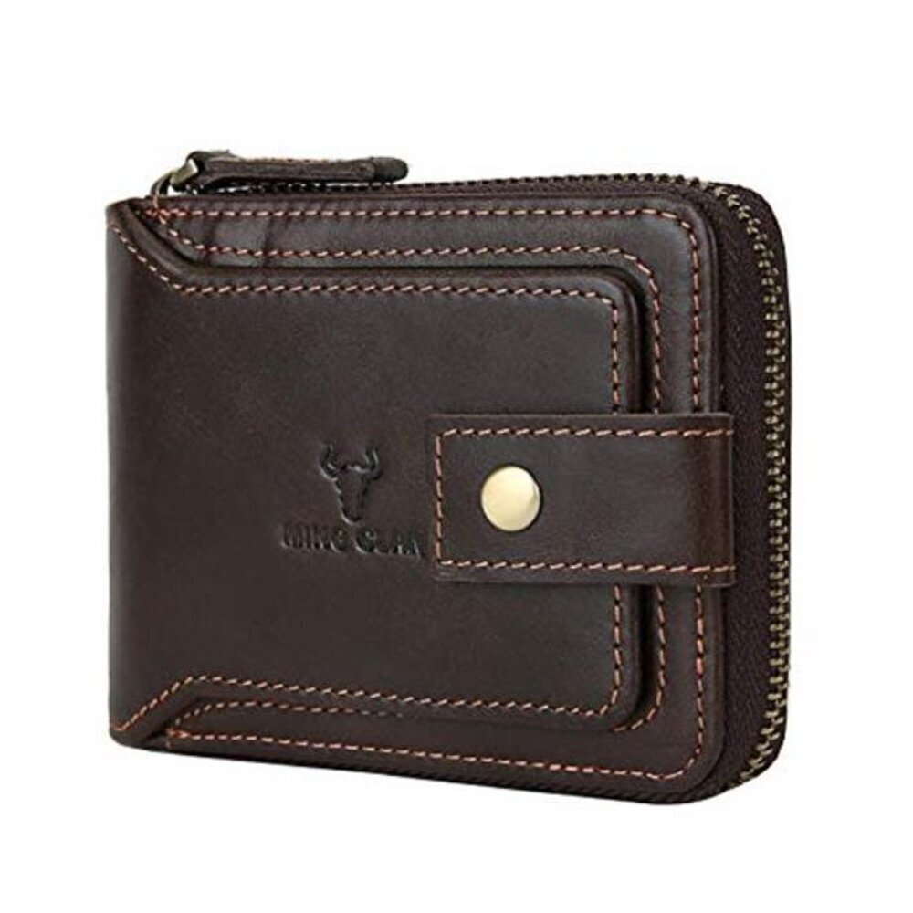 Leather Bifold Wallet Men RFID Blocking Zipper Flap ID